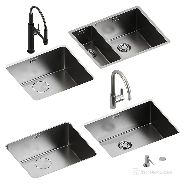 Stainless Steel Kitchen Sinks With Single And Double Bowl Design And Faucet 3d model 