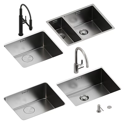 Stainless Steel Kitchen Sinks With Single And Double Bowl Design And Faucet 3d model
