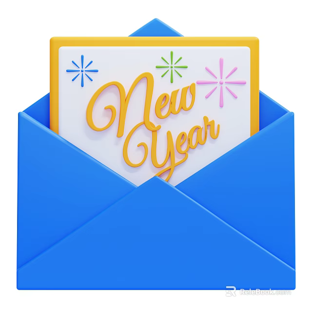 Open Blue Envelope With New Year Card Featuring Colorful Star Decorations 3d model 