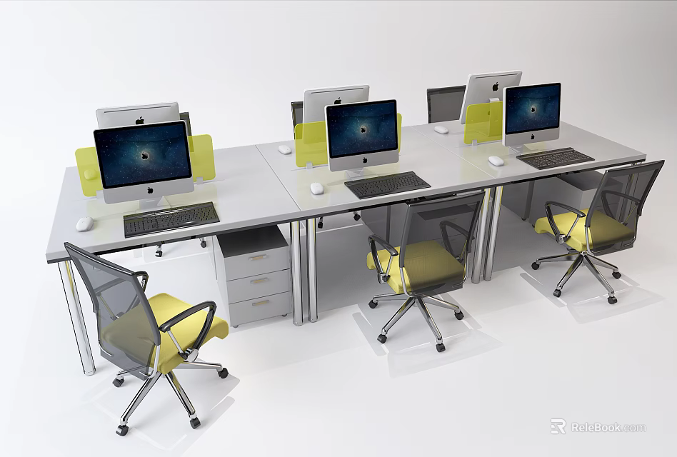 Modern Office Desks With Computers Keyboards Mice And Yellow Rolling Chairs 3d model