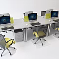 Modern Office Desks With Computers Keyboards Mice And Yellow Rolling Chairs 3d model