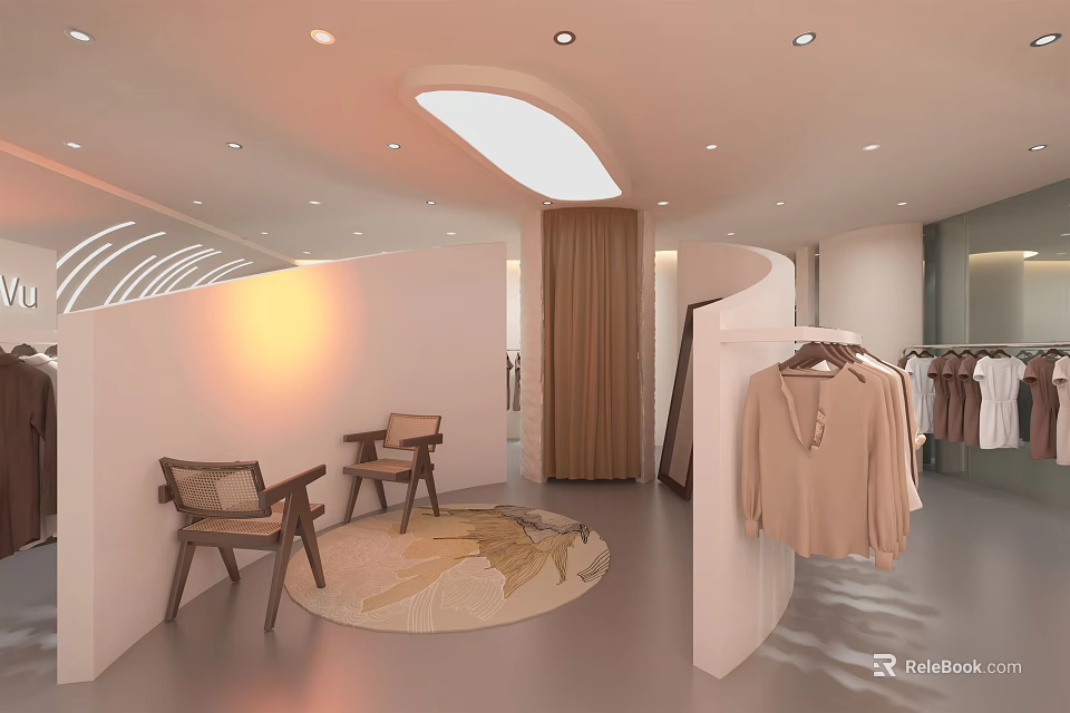 Modern Minimalist Clothing Store Interior With Display Racks Chairs Round Rug And Soft Lighting 3d model 
