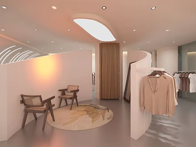 Modern Minimalist Clothing Store Interior With Display Racks Chairs Round Rug And Soft Lighting 3d model