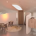 Modern Minimalist Clothing Store Interior With Display Racks Chairs Round Rug And Soft Lighting