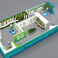 Modern Cultural Tourism Exhibition Booth With Unique Blue Shaped Walls And Large Central Display Screen