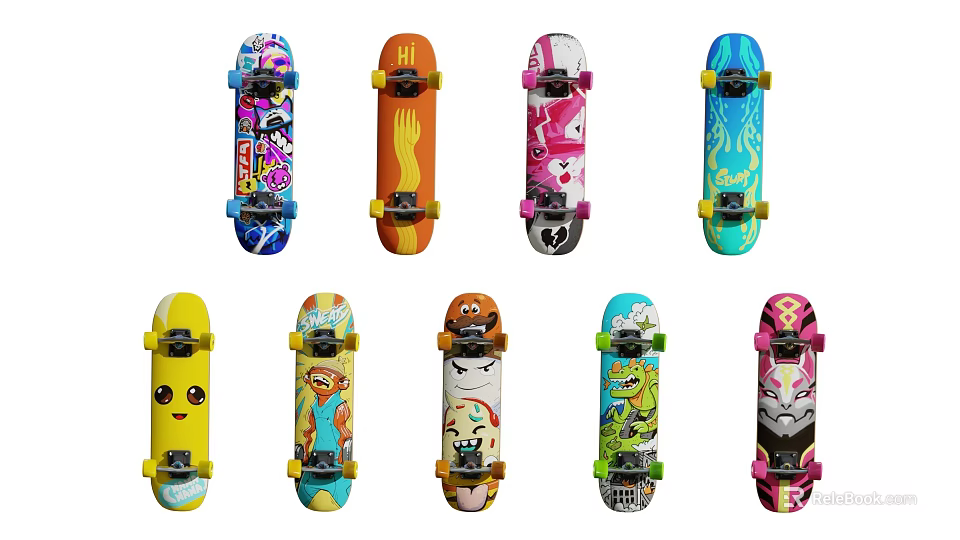 Sports Skateboards With Colorful Designs Various Cartoon Patterns And Unique Styles 3d model 