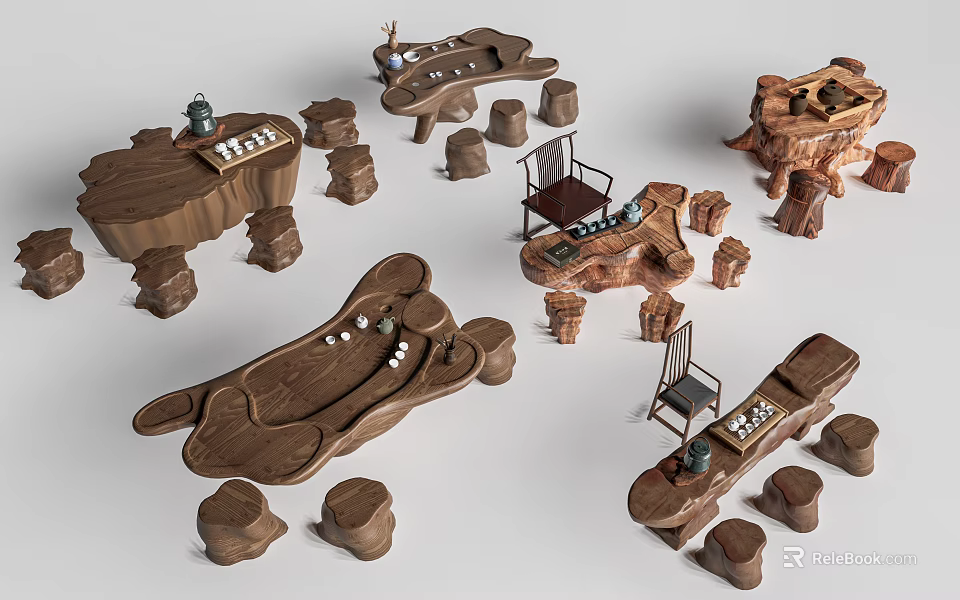 Natural Style Tea Table And Chairs With Wooden Stump Seats And Tea Sets 3d model 