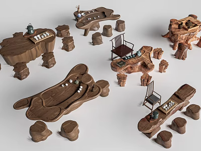 Natural Style Tea Table And Chairs With Wooden Stump Seats And Tea Sets 3d model