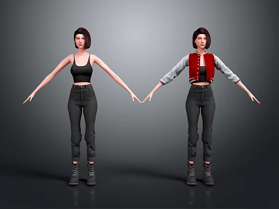 Two Women Holding Hands Wearing Black Tank Top Red Vest Gray Jacket Black Pants Boots 3d model