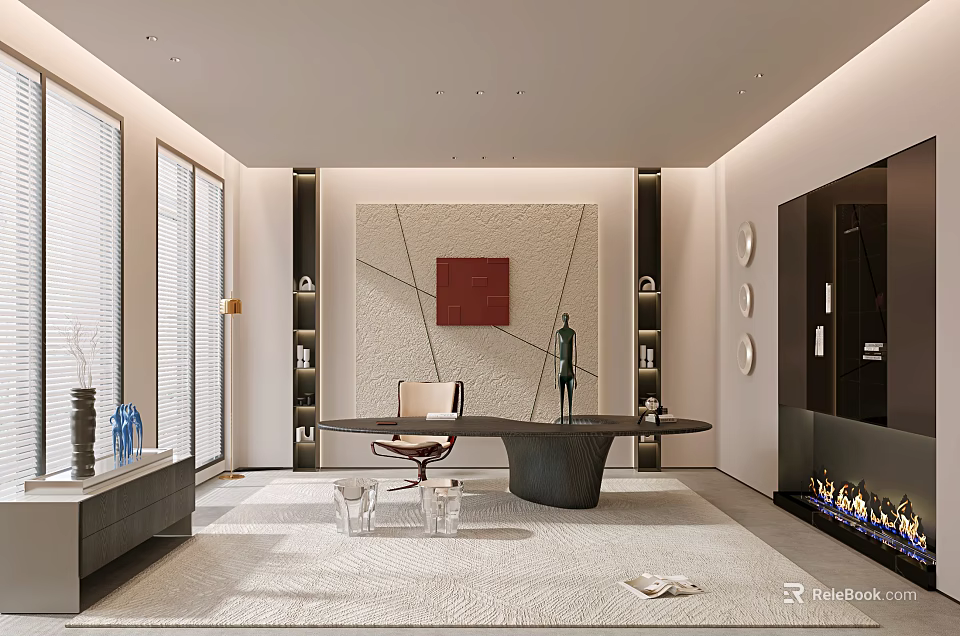 Modern Spacious Office Interior Design With Round Desk Artwork And Floor to Ceiling Windows 3d model 