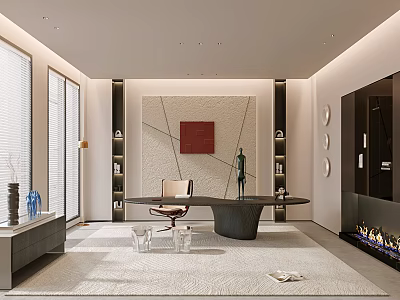 Modern Spacious Office Interior Design With Round Desk Artwork And Floor to Ceiling Windows 3d model