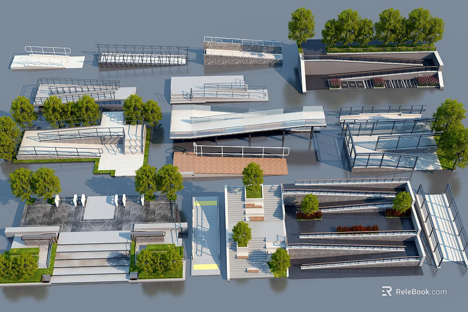 Building Components Including Steps Railings Platforms And Green Plants With Modern Design Elements 3d model