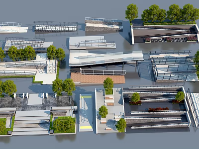 Building Components Including Steps Railings Platforms And Green Plants With Modern Design Elements 3d model