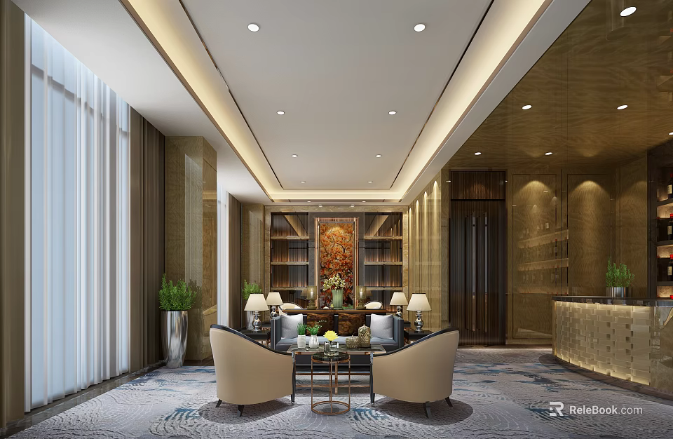 Elegant Hotel Public Lounge Interior With Armchairs Coffee Table And Bookshelves 3d model 