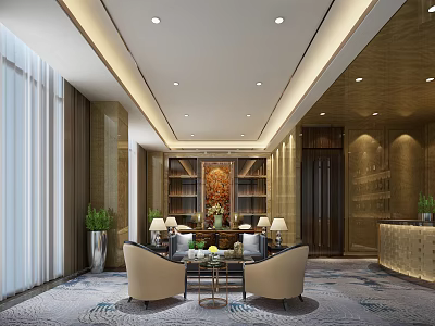 Elegant Hotel Public Lounge Interior With Armchairs Coffee Table And Bookshelves 3d model