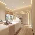 Relaxing Beauty Hair Salon Interior With Curved Bench Palm Trees And Circular Light Glow
