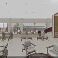 Modern Open Café Interior Featuring Glass Doors Night View Lighting Bookshelves Tables And Chairs