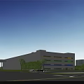 Modern Industrial Factory Exterior With Yellow Green Blue Horizontal Colorful Stripes Windows Along Roadside