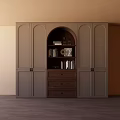 Modern Wardrobe With White Doors Arched Top Open Shelves And Wooden Drawers