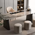 Modern Interior Tea Table And Chairs With Marble Tabletop Light Colored Stools And Tea Set 3d model
