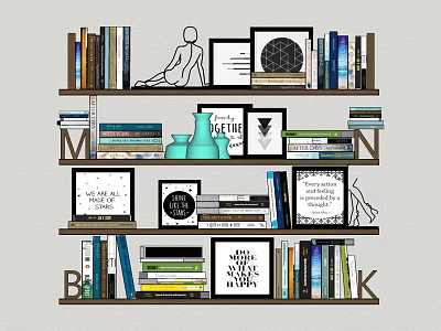 Stylish Home Bookcase With Multiple Shelves Filled With Books Picture Frames And Decorative Items 3d model