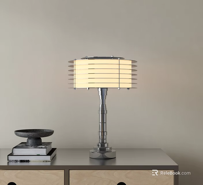 Modern Table Lamp with Striped Lampshade on Gray Table Beside Stacked Books and Black Dish 3d model 