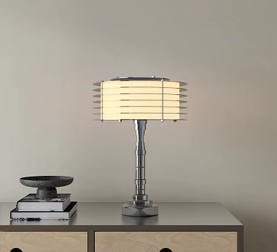 Modern Table Lamp with Striped Lampshade on Gray Table Beside Stacked Books and Black Dish 3d model