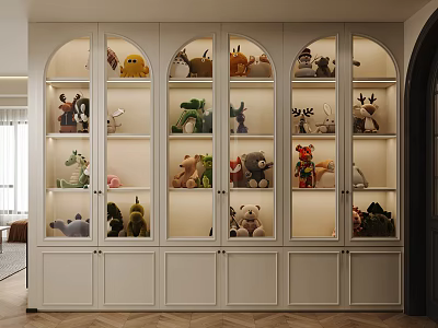 White Glass Door Figure Cabinet With Illuminated Shelves And Collectible Figures In Modern Living Room 3d model