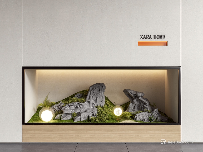 Modern Indoor Courtyard Garden Display With Rock Formations Moss Round Lights And Wooden Base 3d model 