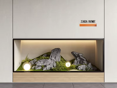 Modern Indoor Courtyard Garden Display With Rock Formations Moss Round Lights And Wooden Base 3d model