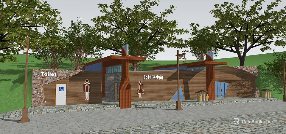 Public Restroom With Wooden Exterior Signage Trees And Stone Foundation Entrance 3d model 