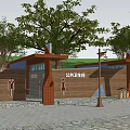 Public Restroom With Wooden Exterior Signage Trees And Stone Foundation Entrance