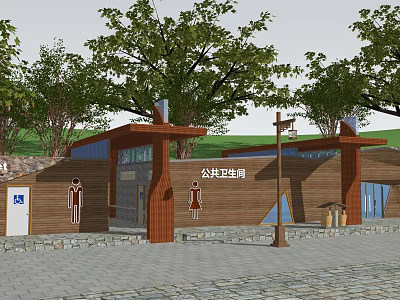 Public Restroom With Wooden Exterior Signage Trees And Stone Foundation Entrance 3d model