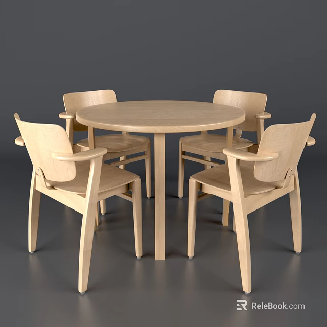 Natural Wooden Round Dining Table Set With Four Armchairs 3d model