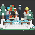 Colorful Lego Miniature Scene with Figures Trees Pavilion Fountain and Snowy Base