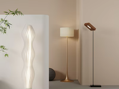 Stylish Floor Lamps With Wavy Design Gold Base White Shade And Black Stand In Decor 3d model