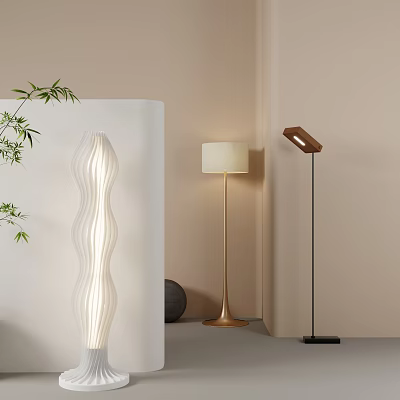 Stylish Floor Lamps With Wavy Design Gold Base White Shade And Black Stand In Decor 3d model