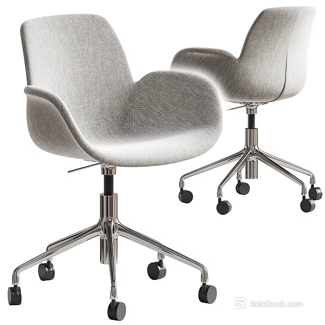 Modern Gray Fabric Armchair With Swivel Metal Base And Rolling Wheels 3d model 
