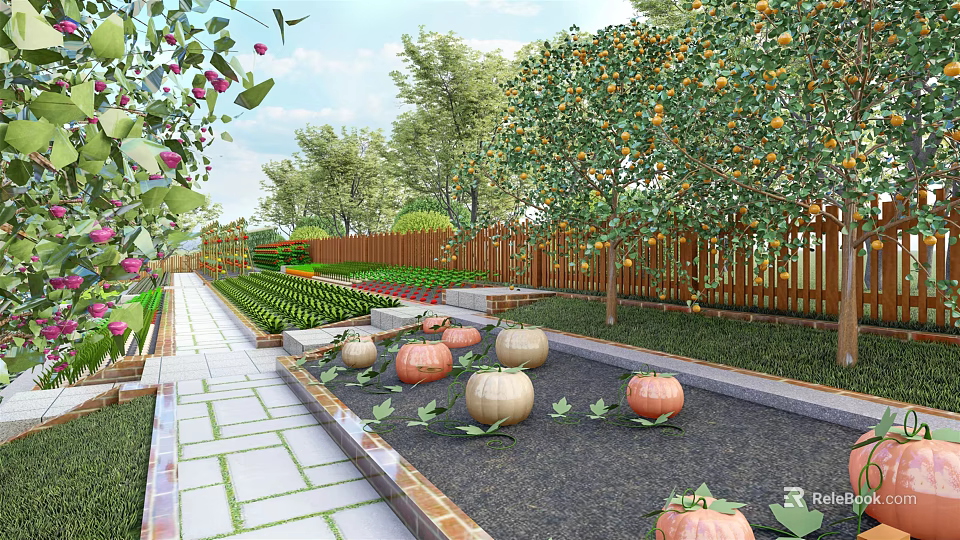 Beautiful Garden Landscape With Stone Pathway Fruit Trees Pumpkins And Planting Beds 3d model 