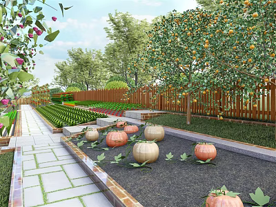 Beautiful Garden Landscape With Stone Pathway Fruit Trees Pumpkins And Planting Beds 3d model