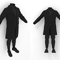 Two stylish black long coats displayed with matching pants and shoes