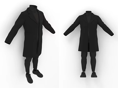 Two stylish black long coats displayed with matching pants and shoes 3d model