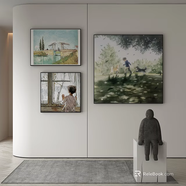 Interior Wall Decor With Three Art Paintings And Sculpture 3d model 