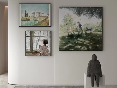 Interior Wall Decor With Three Art Paintings And Sculpture 3d model