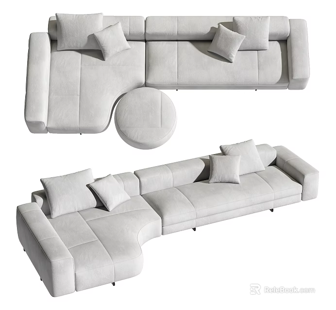 Modern Light Gray Sectional Sofa With Multiple Cushions And Round Ottoman 3d model