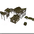 Old Thatch Roof Wooden Structure Models With Broken Frames And Small Huts 3d model