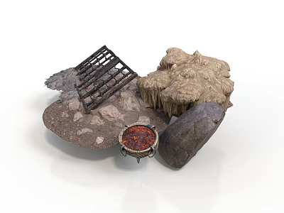 Wooden Grid Structure And Natural Stone Pieces With Textured Surfaces And Decorative Details 3d model