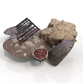 Wooden Grid Structure And Natural Stone Pieces With Textured Surfaces And Decorative Details