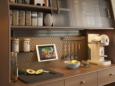Modern Kitchen Utensils Storage With Spice Jars Cooking Tools Tablet Avocado And Stand Mixer 3d model