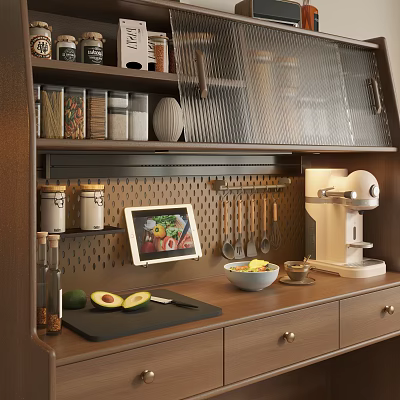 Modern Kitchen Utensils Storage With Spice Jars Cooking Tools Tablet Avocado And Stand Mixer 3d model